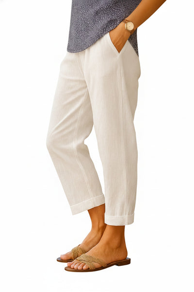Femme Pantalon Sept Huitièmes Taille Haute Coupe Droite avec Poches