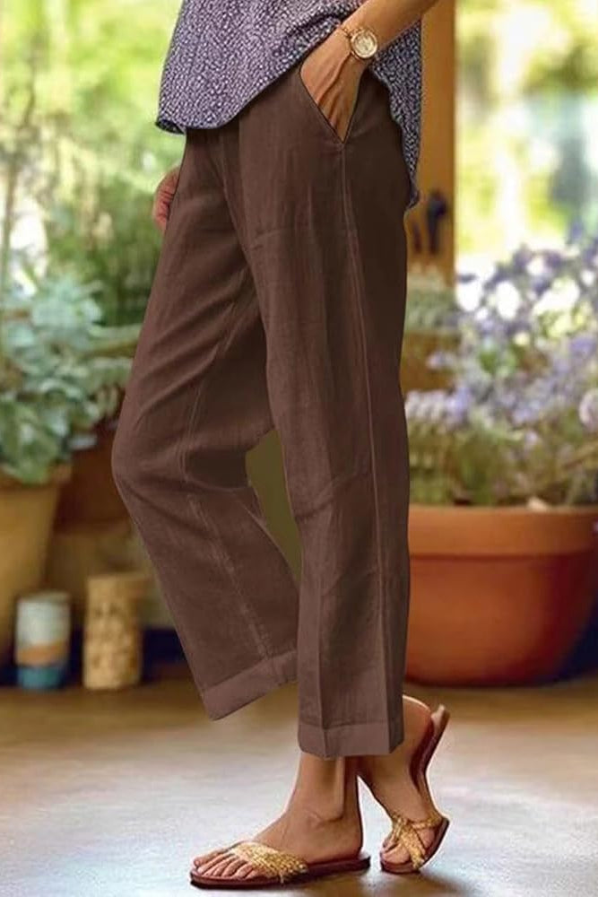 Femme Pantalon Sept Huitièmes Taille Haute Coupe Droite avec Poches