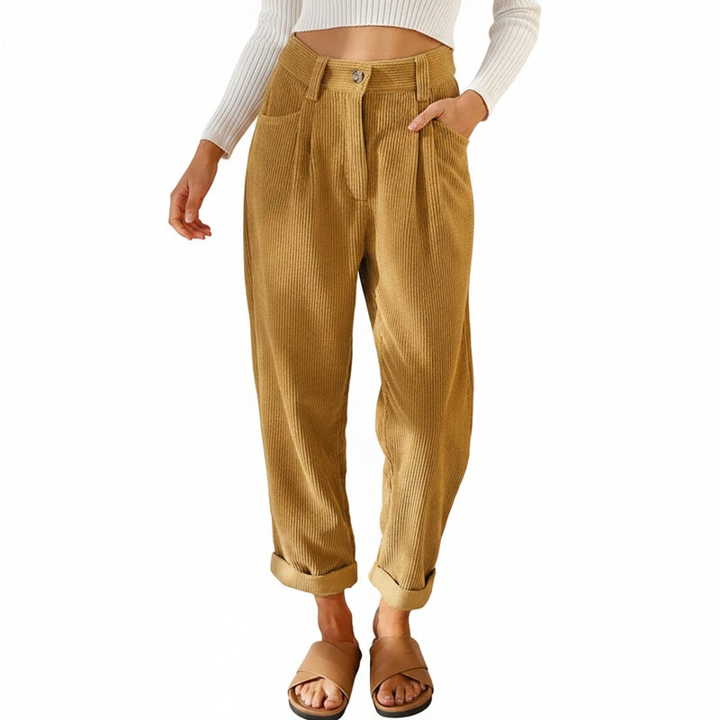 Femme Pantalon Taille Haute à Jambes Amples avec Revers