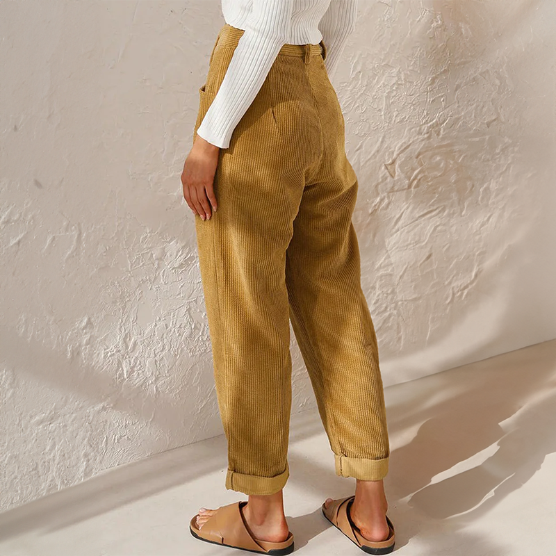Femme Pantalon Taille Haute à Jambes Amples avec Revers