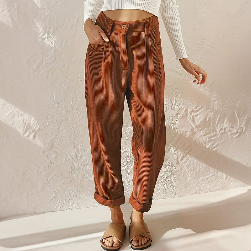 Femme Pantalon Taille Haute à Jambes Amples avec Revers