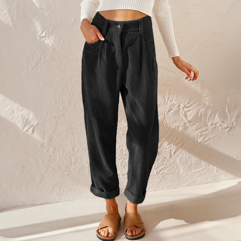 Femme Pantalon Taille Haute à Jambes Amples avec Revers
