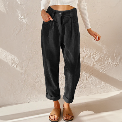 Femme Pantalon Taille Haute à Jambes Amples avec Revers