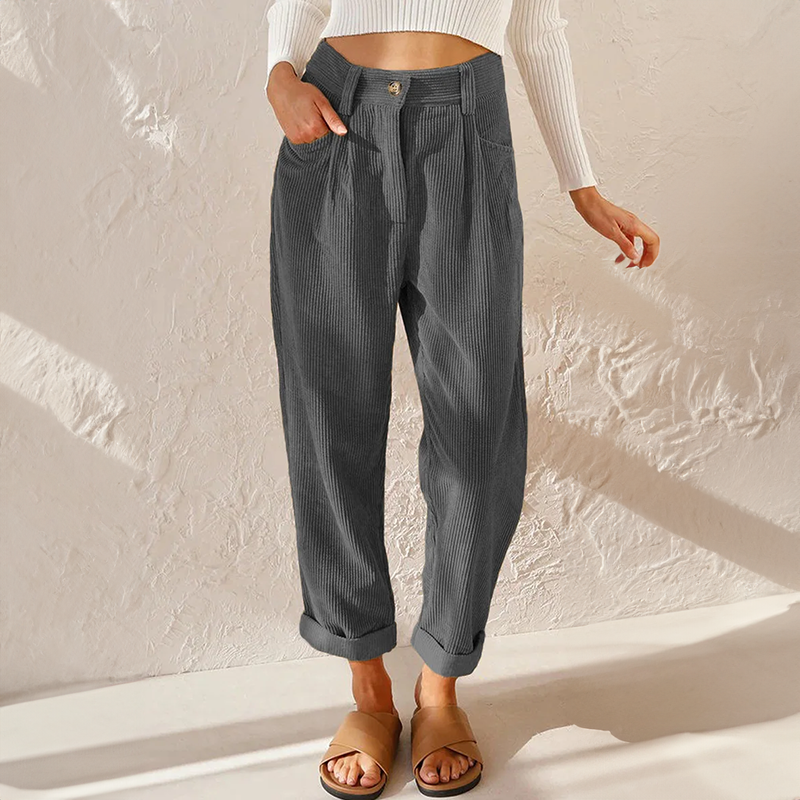 Femme Pantalon Taille Haute à Jambes Amples avec Revers