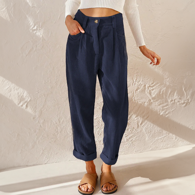 Femme Pantalon Taille Haute à Jambes Amples avec Revers