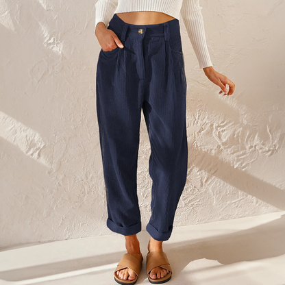 Femme Pantalon Taille Haute à Jambes Amples avec Revers