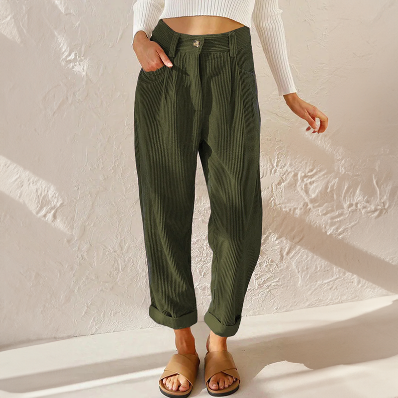 Femme Pantalon Taille Haute à Jambes Amples avec Revers