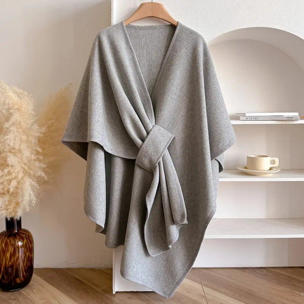 Femme Poncho Cape à Col Châle Oversize avec Ceinture Croisée