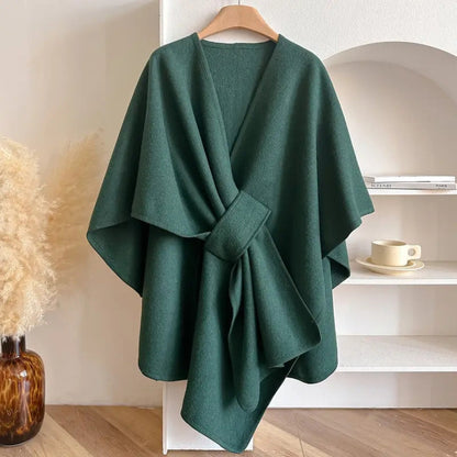 Femme Poncho Cape à Col Châle Oversize avec Ceinture Croisée