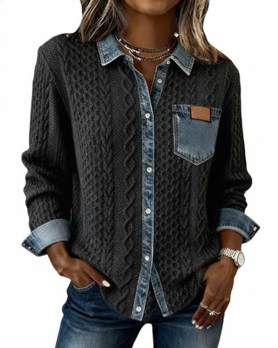 Femme Pull Boutonné Manches Longues avec Col et Détails Denim