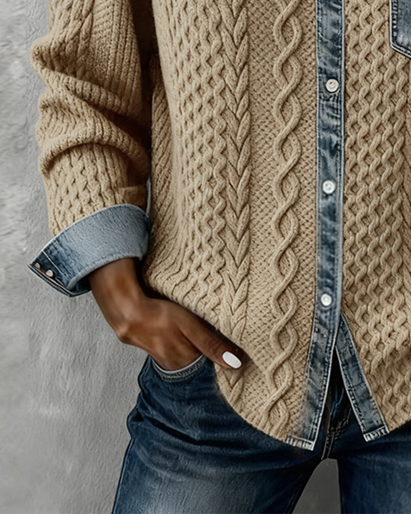 Femme Pull Boutonné Manches Longues avec Col et Détails Denim