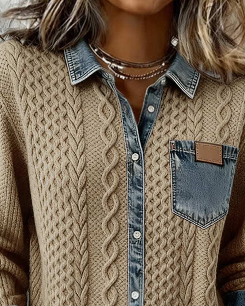 Femme Pull Boutonné Manches Longues avec Col et Détails Denim