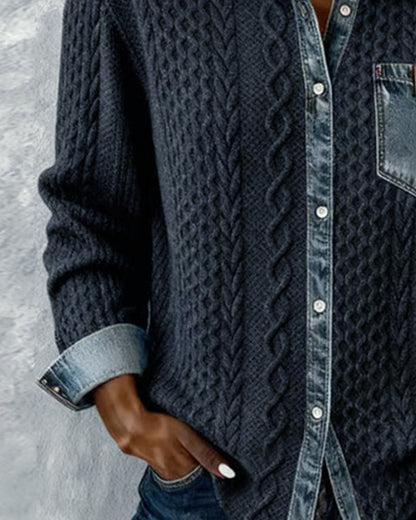 Femme Pull Boutonné Manches Longues avec Col et Détails Denim