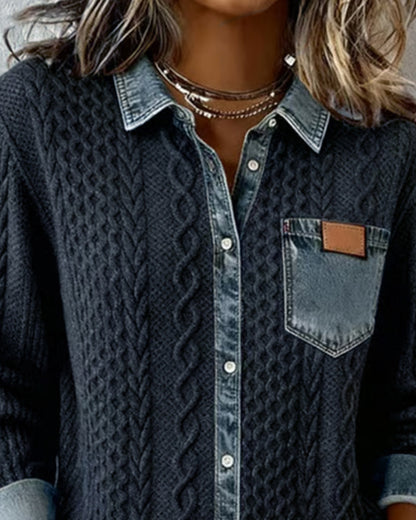 Femme Pull Boutonné Manches Longues avec Col et Détails Denim