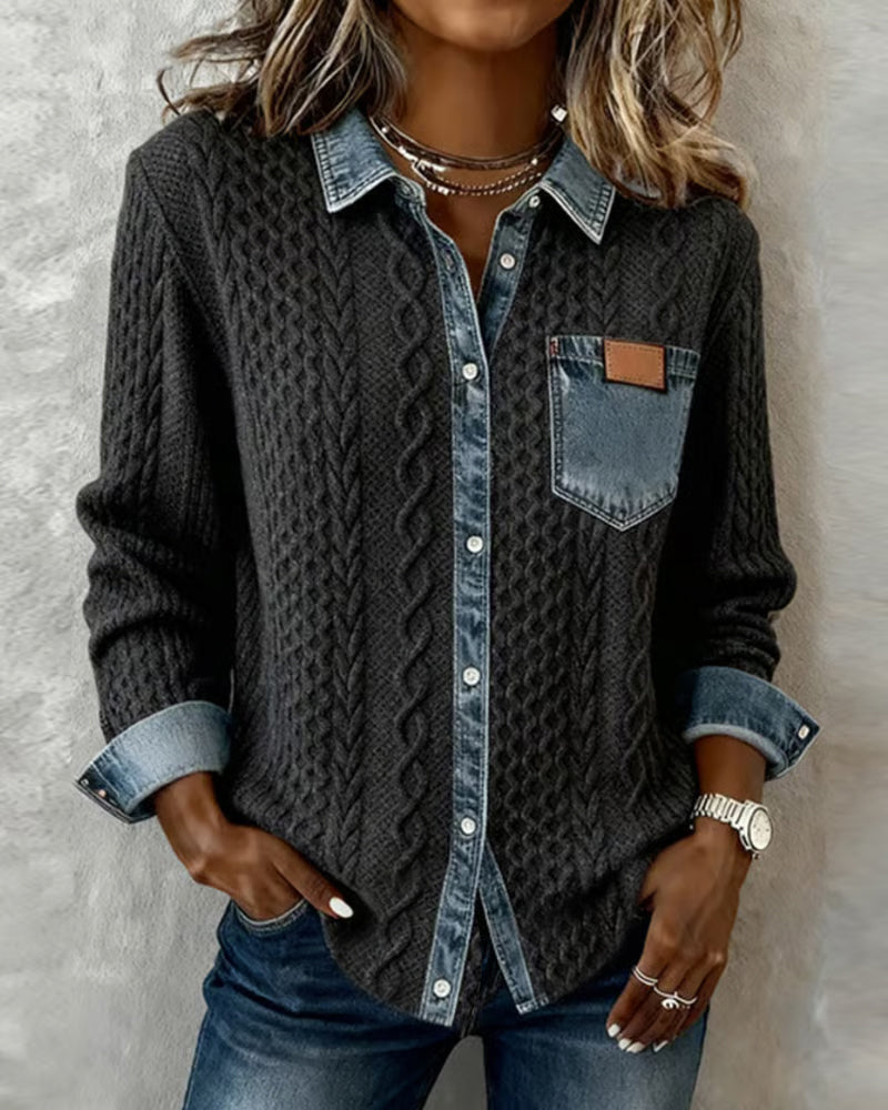 Femme Pull Boutonné Manches Longues avec Col et Détails Denim