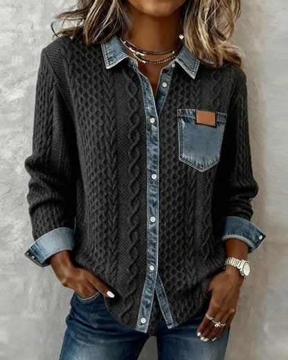 Femme Pull Boutonné Manches Longues avec Col et Détails Denim