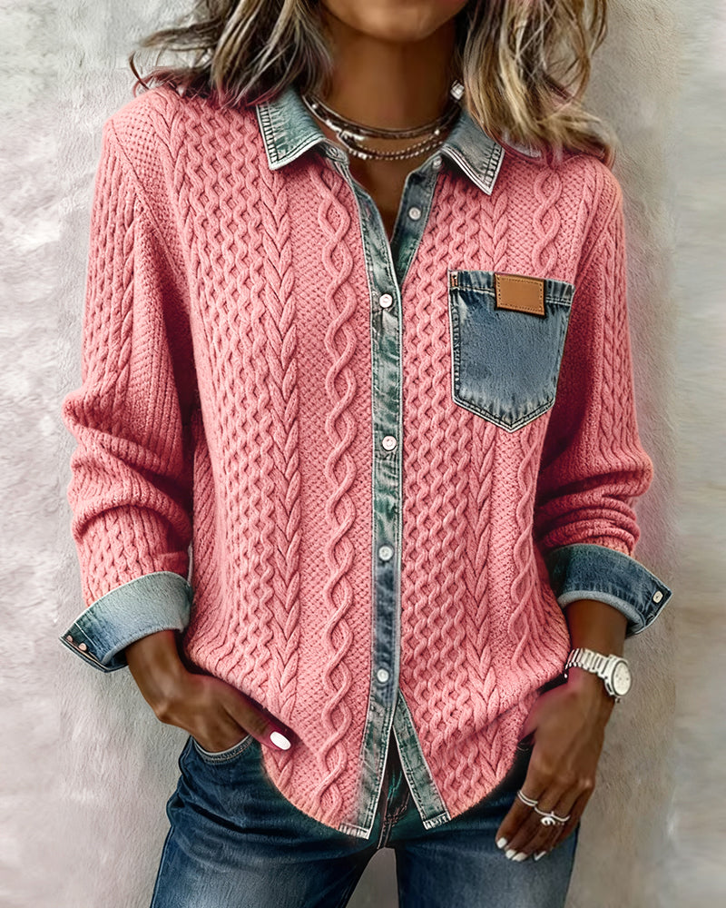 Femme Pull Boutonné Manches Longues avec Col et Détails Denim