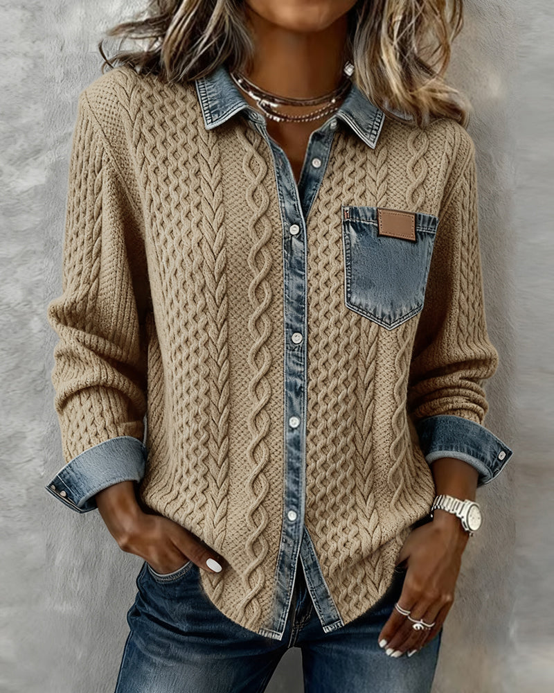 Femme Pull Boutonné Manches Longues avec Col et Détails Denim