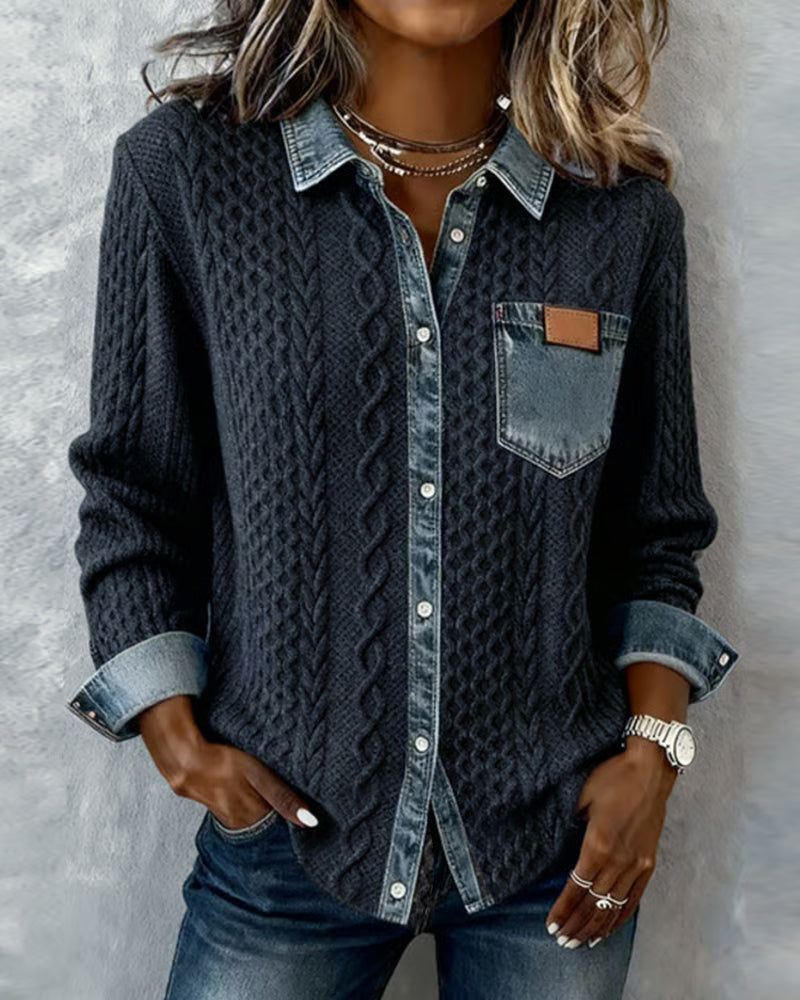 Femme Pull Boutonné Manches Longues avec Col et Détails Denim