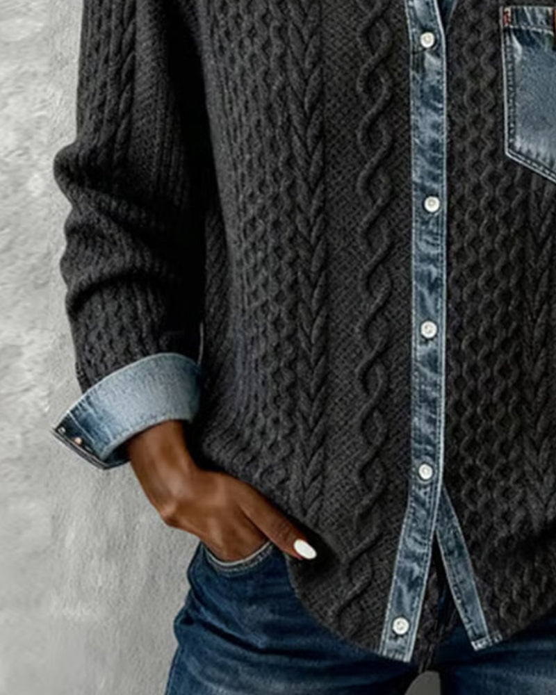 Femme Pull Boutonné Manches Longues avec Col et Détails Denim