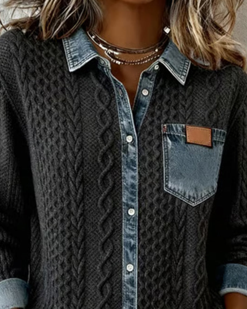 Femme Pull Boutonné Manches Longues avec Col et Détails Denim