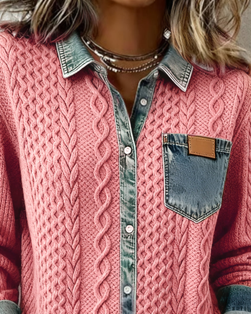 Femme Pull Boutonné Manches Longues avec Col et Détails Denim