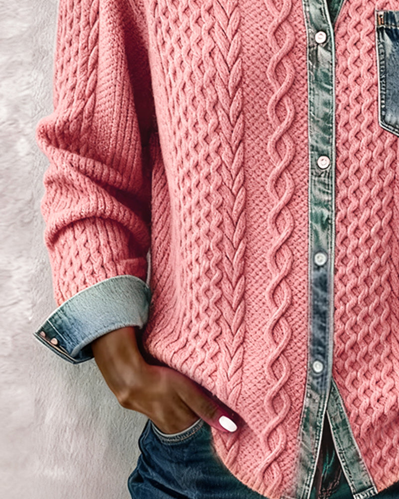 Femme Pull Boutonné Manches Longues avec Col et Détails Denim