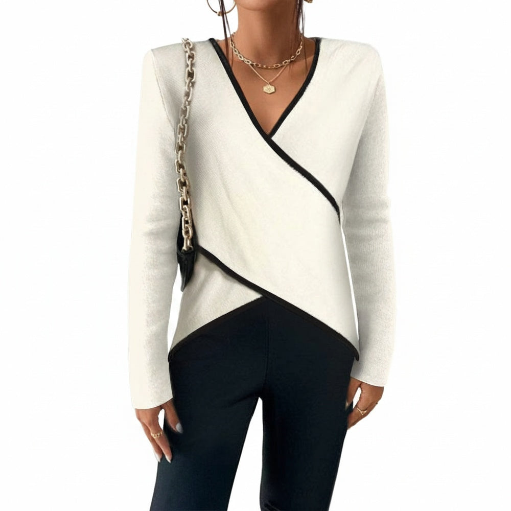 Femme Pull Col en V Croisé Manches Longues avec Liserés Contrastés