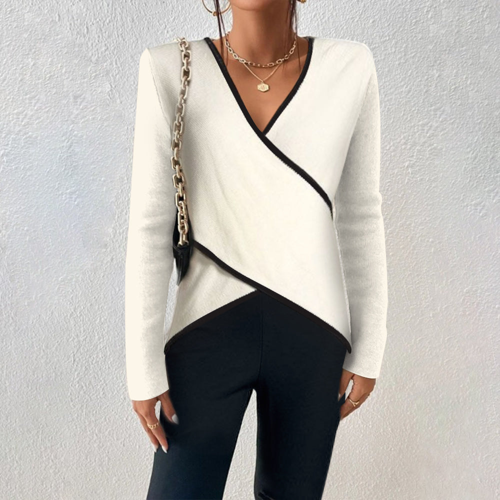 Femme Pull Col en V Croisé Manches Longues avec Liserés Contrastés