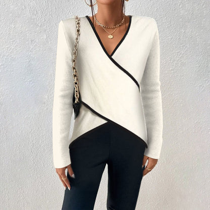 Femme Pull Col en V Croisé Manches Longues avec Liserés Contrastés