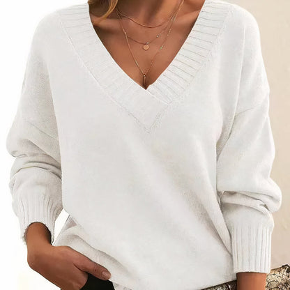 Femme Pull Col en V Manches Longues Oversize avec Finitions Côtelées
