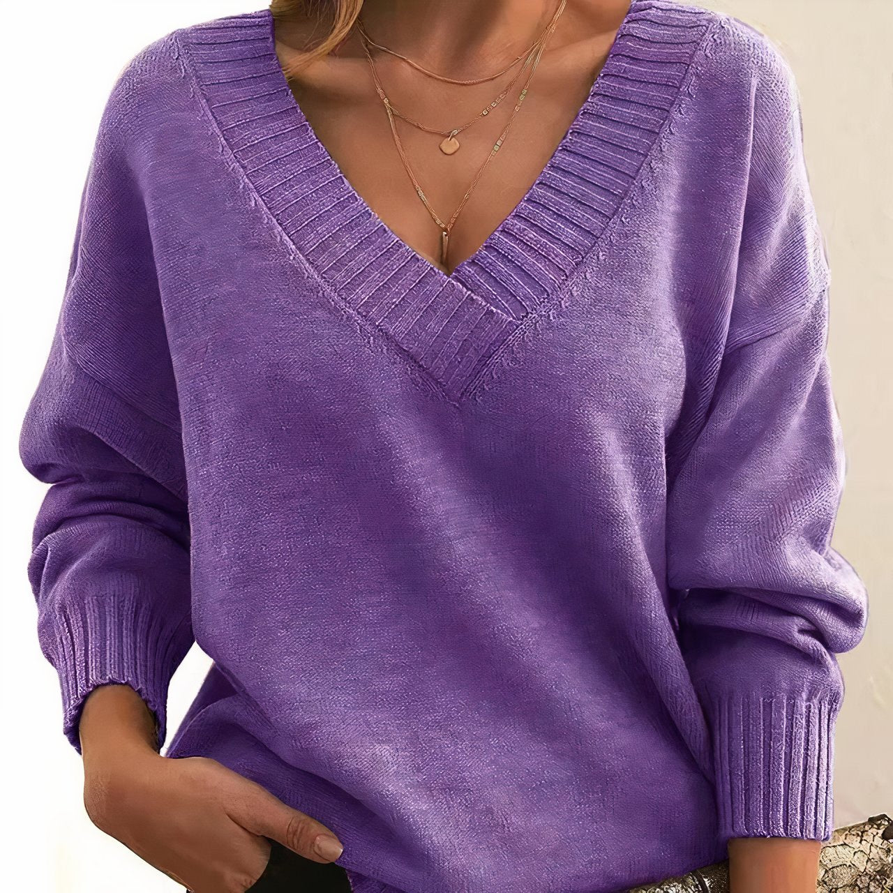 Femme Pull Col en V Manches Longues Oversize avec Finitions Côtelées