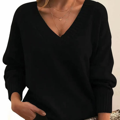 Femme Pull Col en V Manches Longues Oversize avec Finitions Côtelées