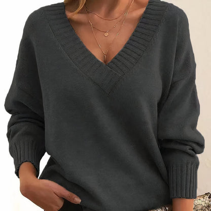 Femme Pull Col en V Manches Longues Oversize avec Finitions Côtelées