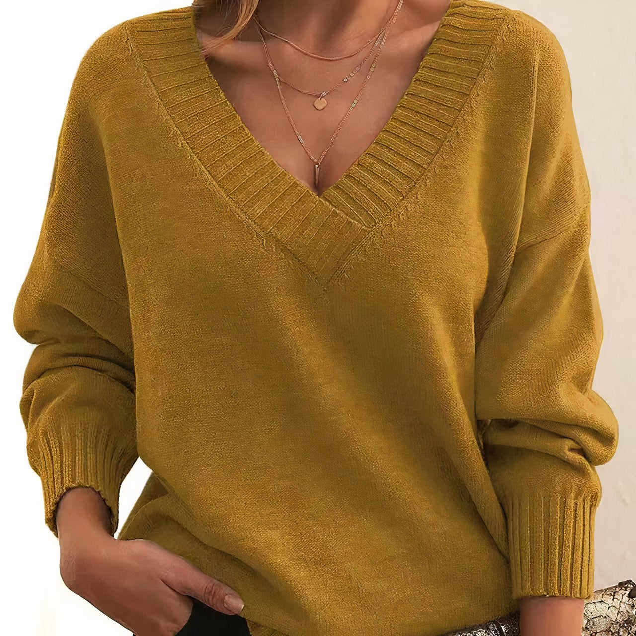 Femme Pull Col en V Manches Longues Oversize avec Finitions Côtelées