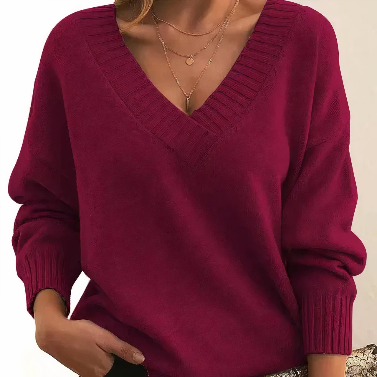 Femme Pull Col en V Manches Longues Oversize avec Finitions Côtelées