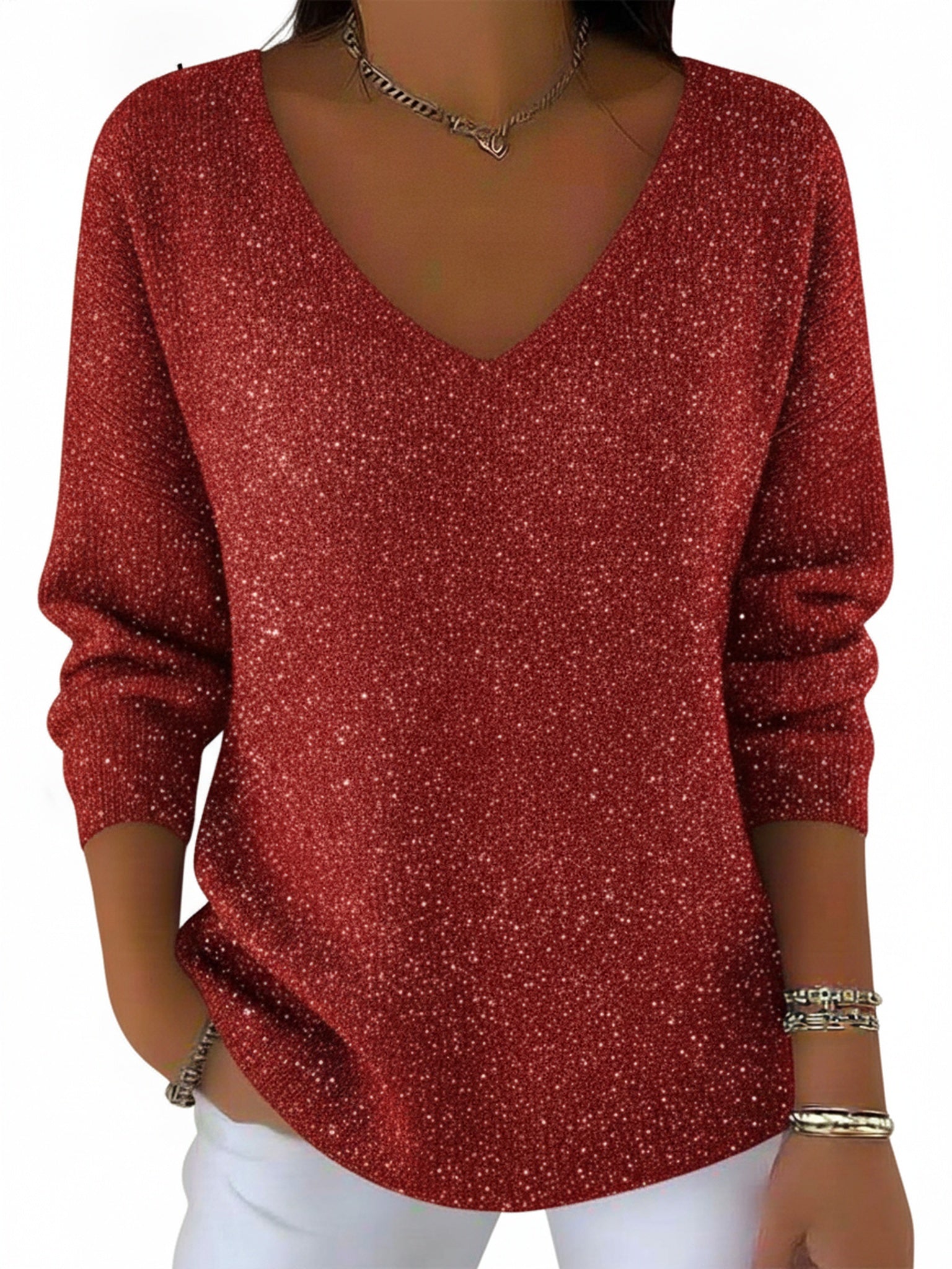 Femme Pull Manches Longues avec Col en V et Reflets Scintillants