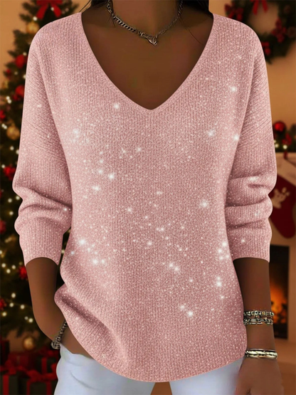 Femme Pull Manches Longues avec Col en V et Reflets Scintillants