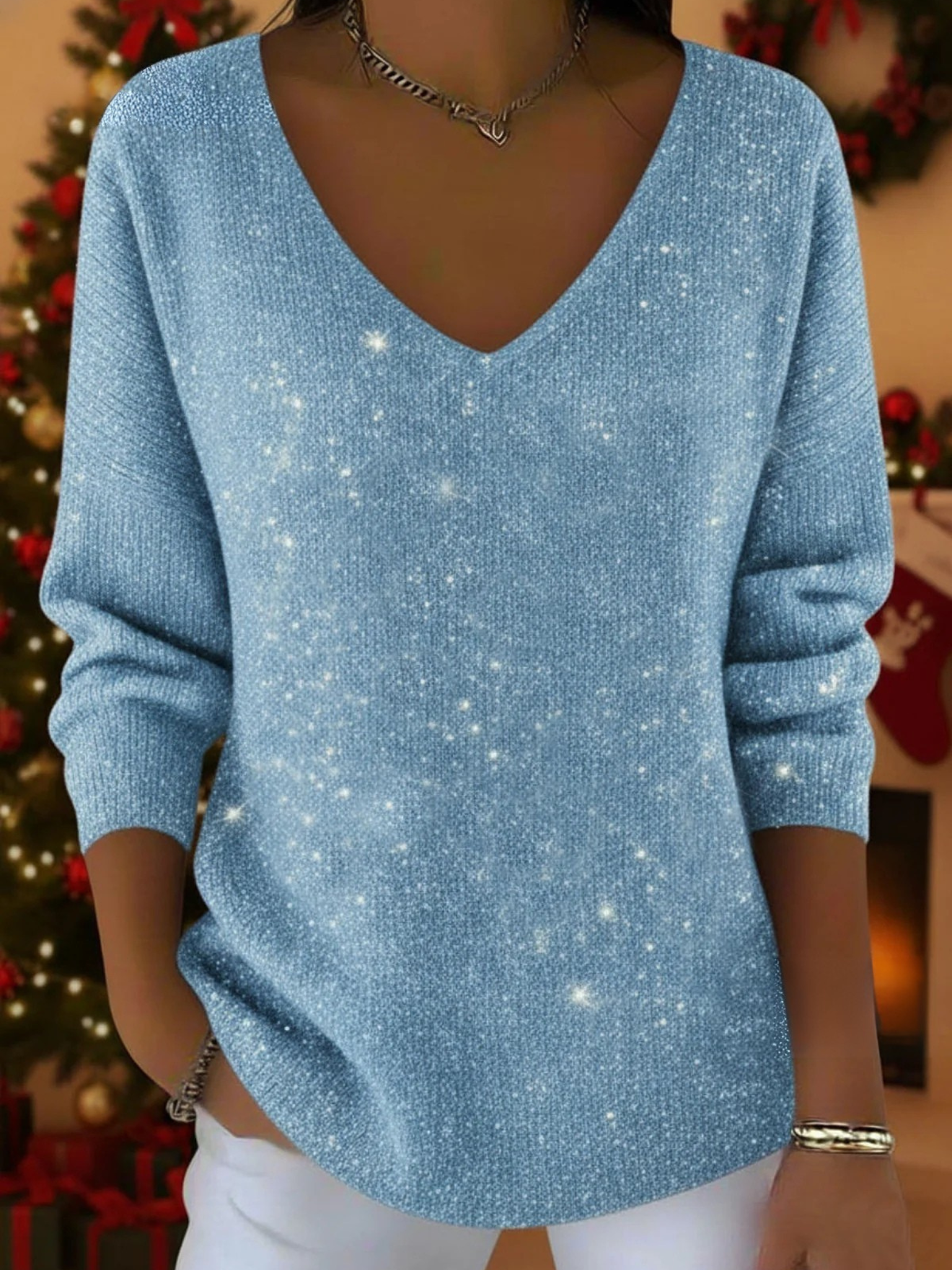 Femme Pull Manches Longues avec Col en V et Reflets Scintillants