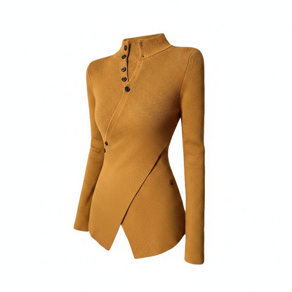 Femme Pull Manches Longues col Montant avec Ourlet Asymétrique et Boutonnage
