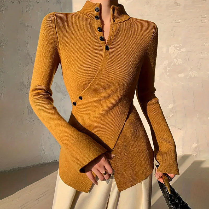 Femme Pull Manches Longues col Montant avec Ourlet Asymétrique et Boutonnage
