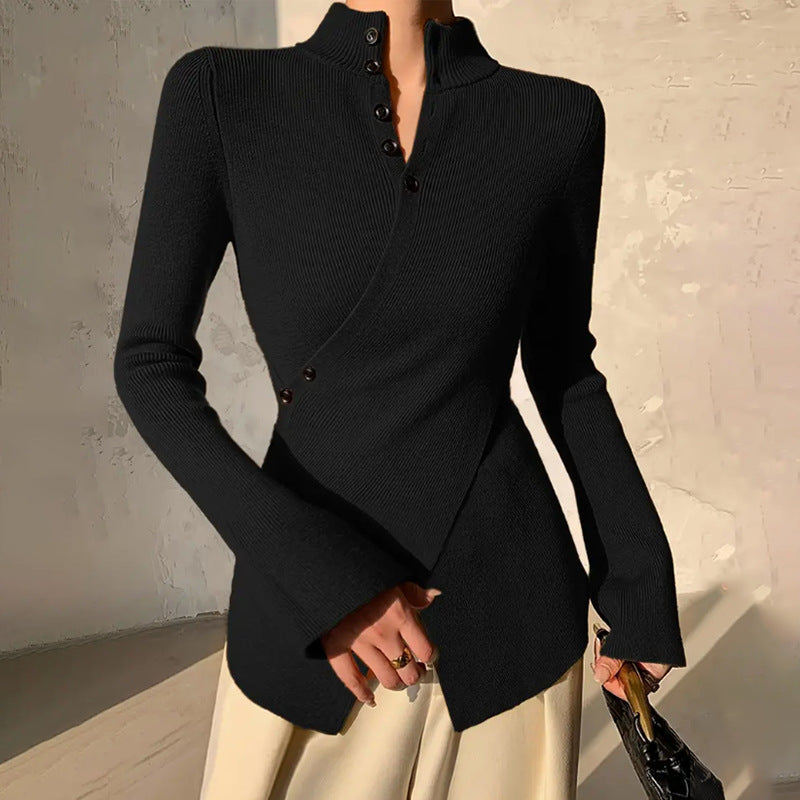 Femme Pull Manches Longues col Montant avec Ourlet Asymétrique et Boutonnage
