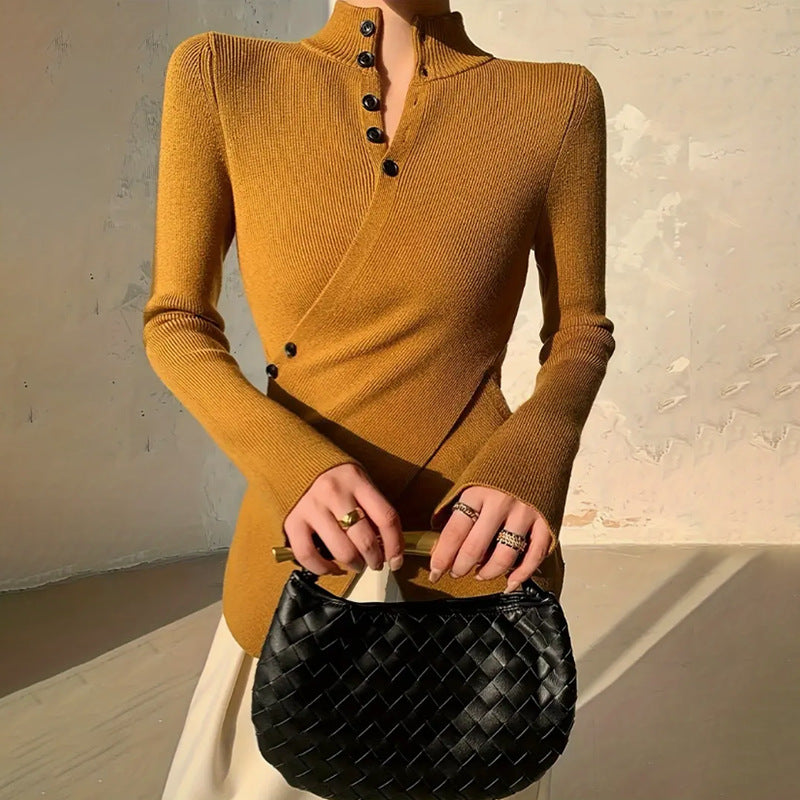 Femme Pull Manches Longues col Montant avec Ourlet Asymétrique et Boutonnage