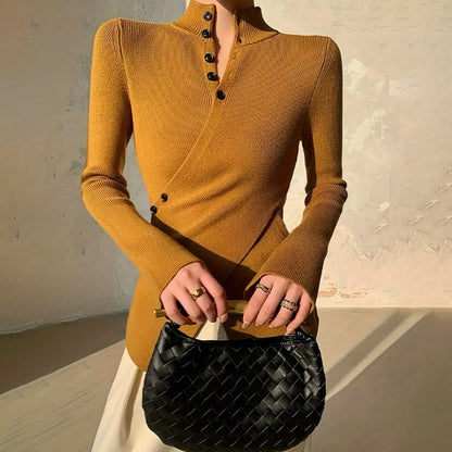 Femme Pull Manches Longues col Montant avec Ourlet Asymétrique et Boutonnage