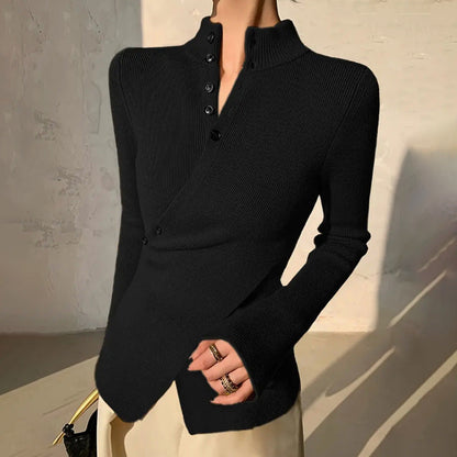 Femme Pull Manches Longues col Montant avec Ourlet Asymétrique et Boutonnage