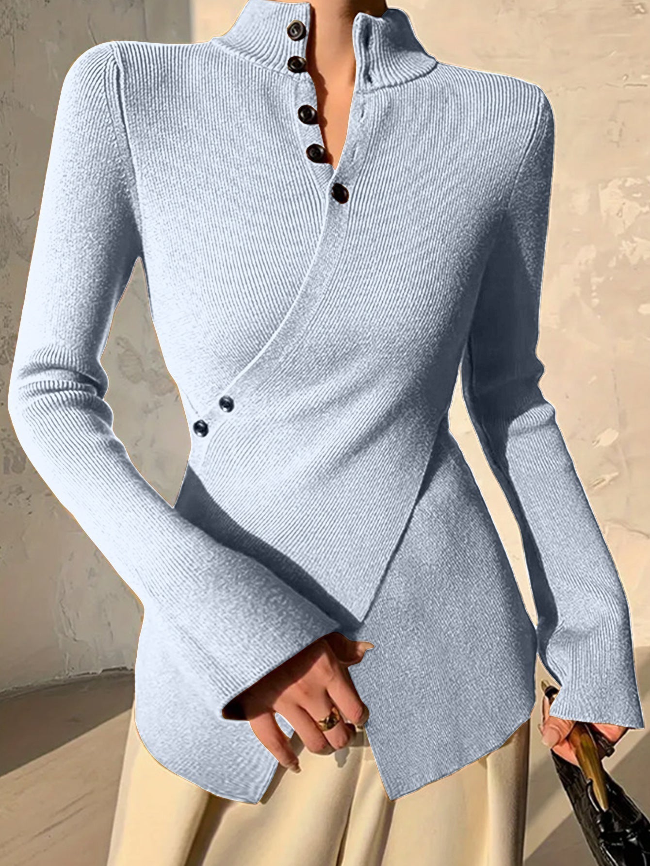 Femme Pull Manches Longues col Montant avec Ourlet Asymétrique et Boutonnage