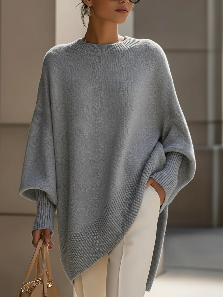 Femme Pull Oversize Poncho col Rond et Manches Chauve-souris