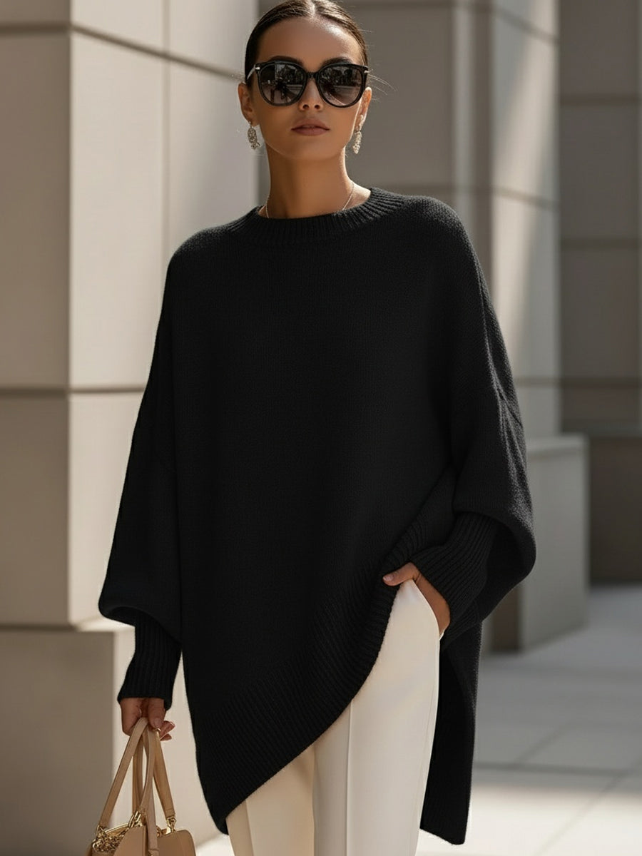 Femme Pull Oversize Poncho col Rond et Manches Chauve-souris