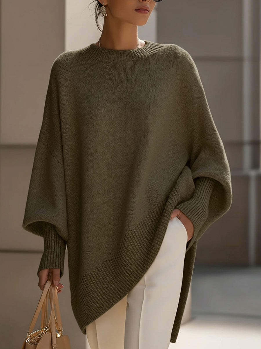 Femme Pull Oversize Poncho col Rond et Manches Chauve-souris