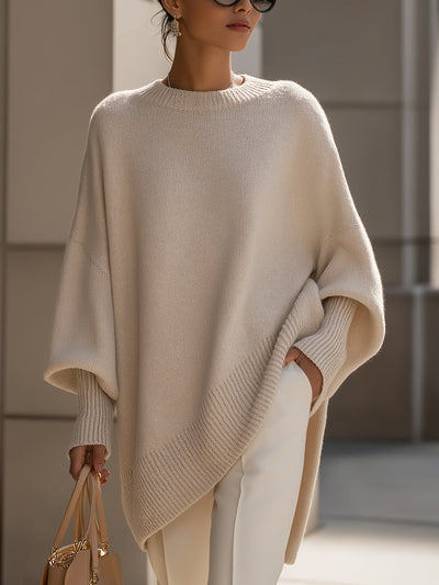 Femme Pull Oversize Poncho col Rond et Manches Chauve-souris